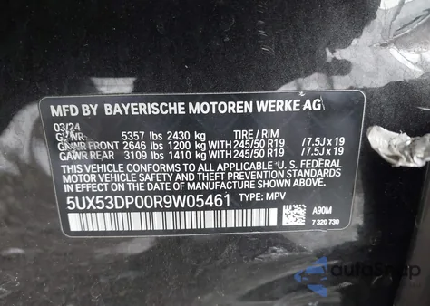 2024 BMW X3 xDrive30I z USA, uszkodzony, nr VIN 5UX53DP00R9W05461